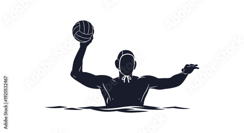A dynamic depiction of a water polo player raising the ball above the water presented as a silhouette