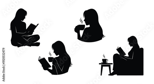 Four women enjoying coffee and books in a dark outline silhouette