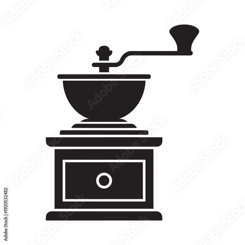 Simple black silhouette of a vintage coffee grinder with a hand crank