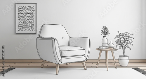Modern armchair with decorative stitching and side table.