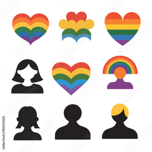 Bold Rainbow Pride Month Flat Vector Icon Set with LGBTQ Celebration, Unity, Equality and Modern Minimal Design Style