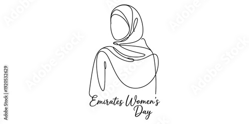 Continuous line art illustration of a woman in a hijab for emirati women's day celebration.