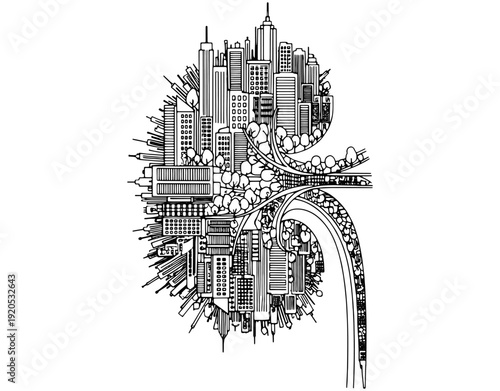 Creative kidney shape city landscape vector illustration: Urban skyline with buildings and trees inside a human renal organ concept for environmental health and medical awareness.