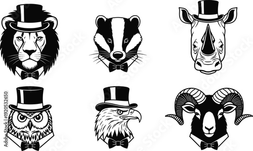 Black vector silhouette set of animal heads including lion badger rhino owl eagle and ram wearing top hats and bow ties for gentleman branding