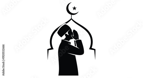 Muslim man in prayer under a crescent moon black silhouette