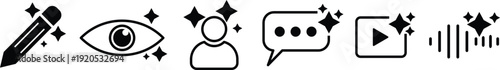 Creative Design and Media Editing Icons – Magic Wand, Eye, Video, Image Enhancement Line Set
