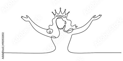 Minimalist continuous line drawing of a queen with long hair wearing a crown and raising her arms