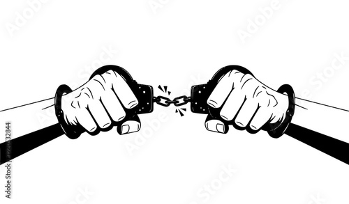 Minimalist Black and White Male Hands Breaking Handcuffs Freedom Concept Vector Design