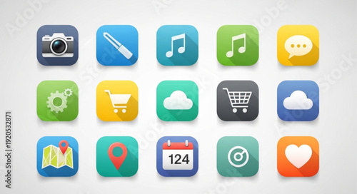 Collection of modern flat app icons on a white background.