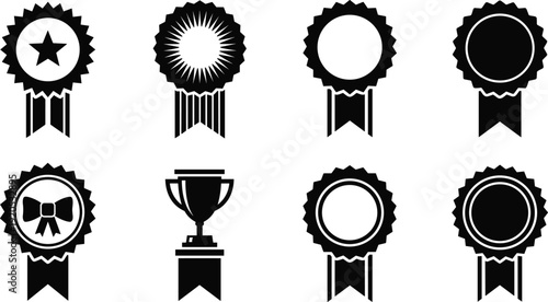 Black vector silhouette set of award ribbons rosettes and a trophy cup for success achievement victory competition quality and first place winner branding