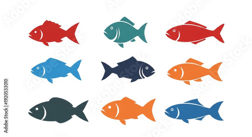 Collection of colorful fish icons in various shades.