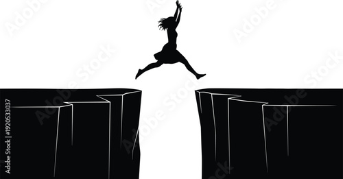 Businesswoman Jumping Across Gap Over Cliff Silhouette Symbol of Risk Challenge and Success