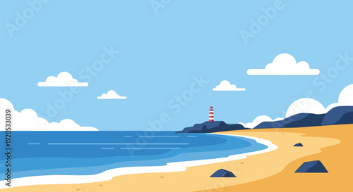 Lighthouse on sandy beach by ocean with clear blue sky.