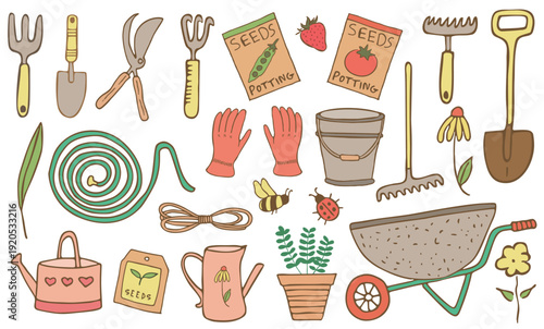 Flat cartoon vector set of hand drawn garden items and agriculture tools. Collection of farm equipment including wheelbarrow, shovel, rake, watering can, and plants for spring gardening and planting.