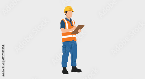 Construction worker in safety gear with clipboard.