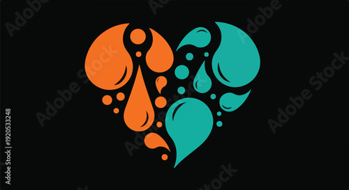 Vibrant abstract heart illustration composed of flowing orange and teal water-like drops, symbolizing emotional balance and connection on a dark background.