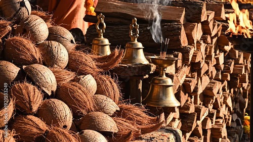 Traditional Hindu Funeral Ceremony Pyre With Coconuts And Bells Burning Wood Stack