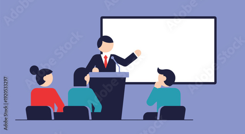Businessman presenting to audience seminar or lecture scene.