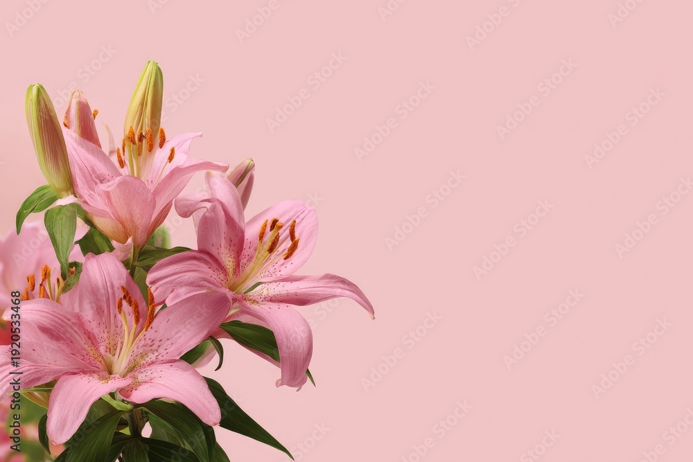 Fototapeta premium Pink lilies with green stems are arranged against a plain light pink background