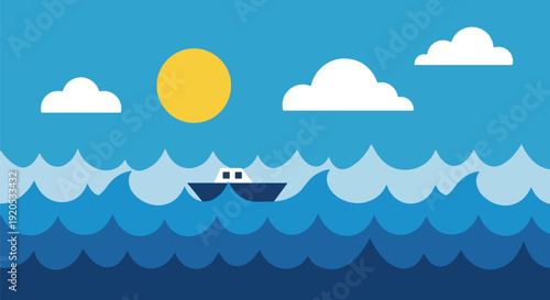 Boat on ocean waves with sunny sky and clouds.