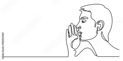 Minimalist continuous line art of a person whispering a secret or shouting with hand to mouth.