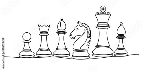 A simple line drawing of various chess pieces including king queen bishop knight and pawn.