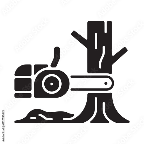 Black glyph depicting a chainsaw cutting into a tree trunk