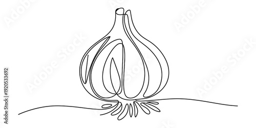 Continuous line drawing of a whole garlic bulb with roots on a white background.