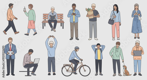 Diverse group of people engaged in various daily activities.