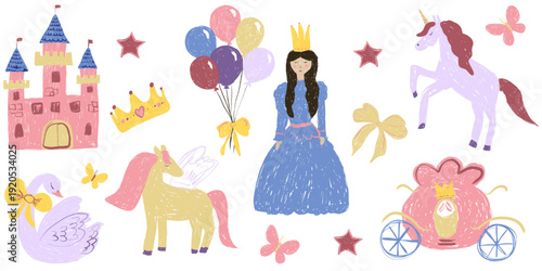 Cute Princess and Unicorn Illustration Set in Hand Drawn Childish Style