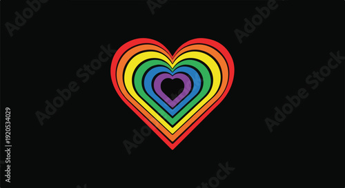 Rainbow heart shape with concentric layers on black background, symbolizing love, diversity, and LGBTQ+ pride.