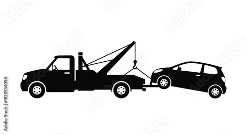 A black silhouette of a tow truck hauling a disabled vehicle