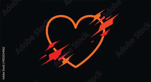 Abstract orange heart with red splashes and scratches on a black background, symbolizing love and pain