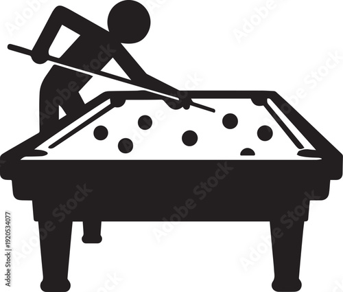 Billiards silhouette vector illustration with player leaning over pool table aiming cue stick representing sport game and recreation