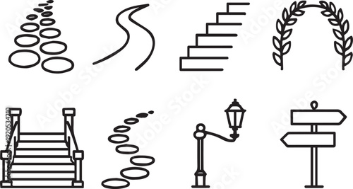 Path and direction elements vector illustration set including stepping stones road staircase arch lamp and signpost design