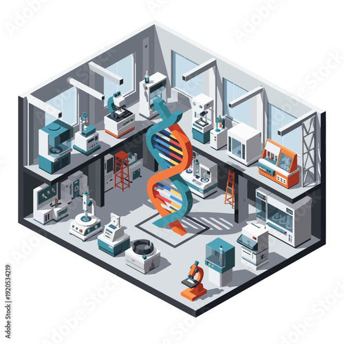 Modern Laboratory Setting with DNA Double Helix Structure.
