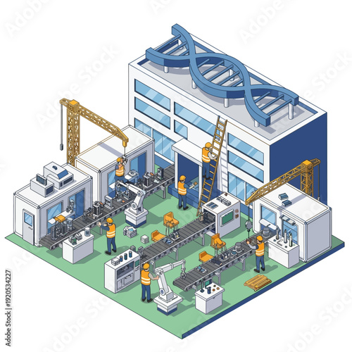 Isometric illustration of a modern biotechnology laboratory with scientists working on DNA research and development.