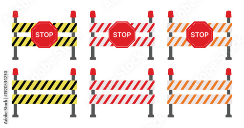 Road Construction Barricade Set with Stop Sign and Warning Stripes Vector Illustration. Stop barrier design isolated on white background