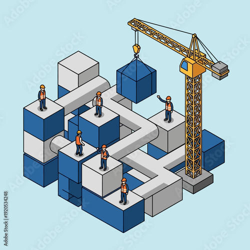 Isometric construction site with workers and crane building a structure.