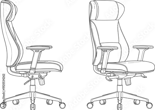 Detailed ergonomic office chair vector set with profile and perspective views for workspace design.