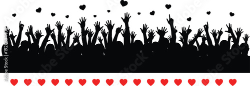 Cheering crowd silhouette with raised hands and floating hearts love celebration background