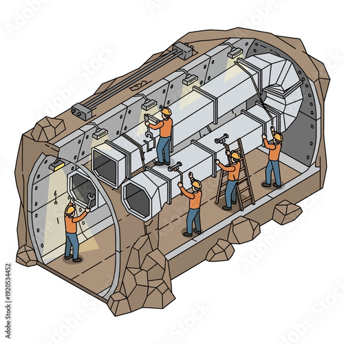 Workers constructing a large underground server data center facility.