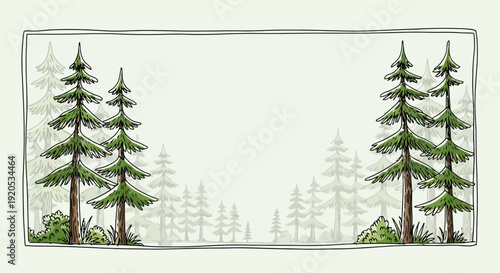 Hand drawn evergreen trees in a forest setting.