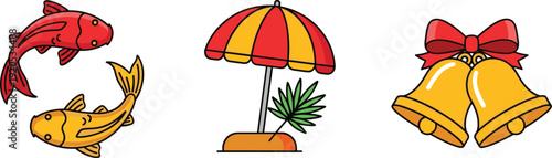 Summer vacation icons set with tropical beach umbrella koi fish and festive golden bells flat vector illustration
