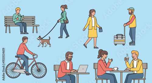 people walking and working outdoors.