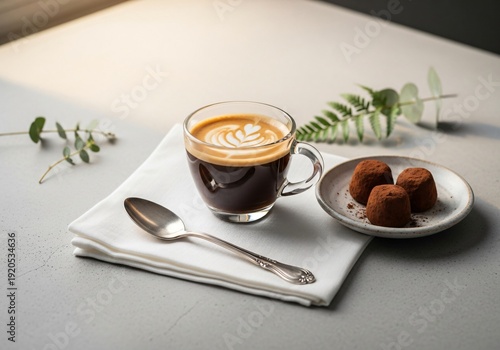 Cup of coffee and chocolate truffles on white napkin