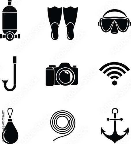 Black and white of scuba diving gear camera and anchor