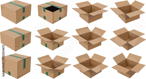 Cardboard shipping box set with closed and open packaging carton views flat vector illustration collection