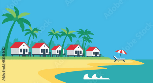 tropical beach resort with bungalows and palm trees.