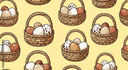 Brown wicker baskets filled with assorted eggs on yellow background seamless pattern for easter or food themed designs and decorations